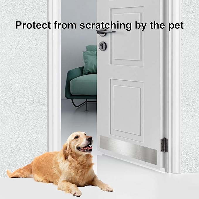 Dog Door Protector from Scratching, Steel Guard, Brushed Silver 6"x30" | Prevents Claw Marks & Scuffs, Smooth Rounded Corners, Self-Adhesive Install, Anti-Scratch Kick Plate, 2 Pcs - Image 4