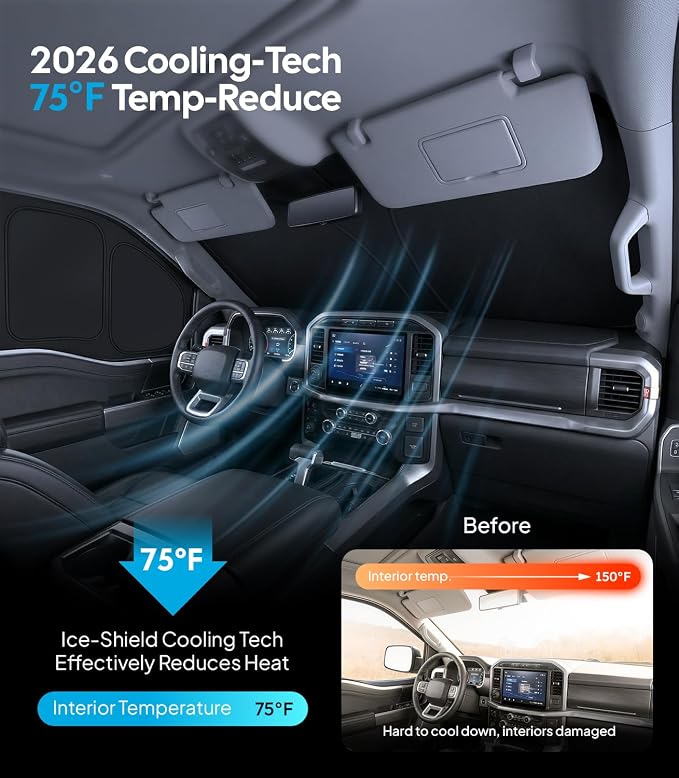 Wigoo 2026 6PC Full Set Window Sunshade for Ford F150 4Doors 2021-2026 | 7-Layer Cooler & Blacker, Ice-Crystal Tech, Full Set Shades With Windshield for Sun Block, Camping Accessories - Image 3