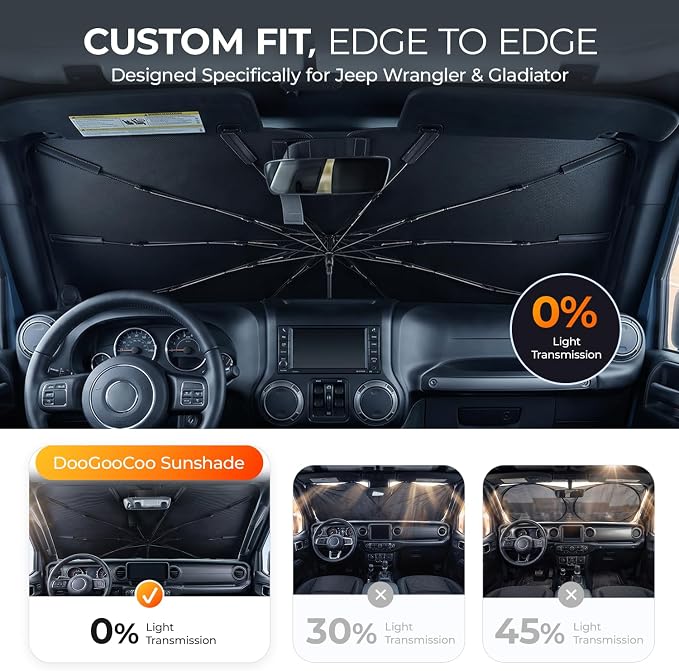 [2026 Upgraded] DooGooCoo Windshield Sun Shade Umbrella for Jeep Wrangler & Gladiator 2011-2026 [100% Sunlight Blocked, Cooling Ice Crystal] Sunshade for Car Windshield for Wrangler Sunshade. - Image 5