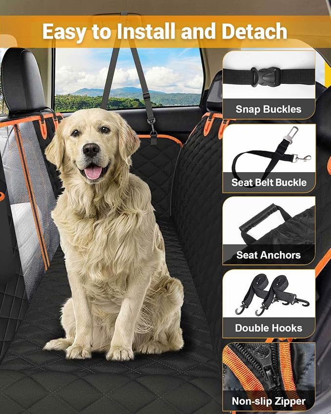 Dog Car Seat Cover, 600D Heavy Dute Car Seat Cover for Dogs Pets, 100% Waterproof Anti-Scratch Nonslip Dog Hammock for Cars, Seat Covers Protector with Seatbelt for Sedan SUV Truck XL Orange&Black - Image 2