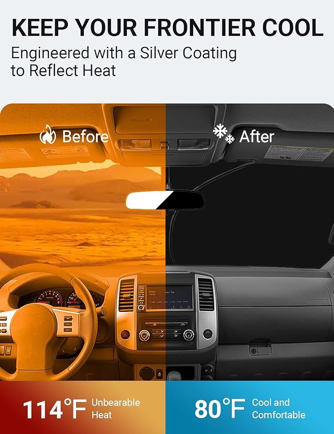 Proadsy Custom Fit Car Windshield Sun Shade for 2005-2021 Nissan Frontier | 240T Heat Shield, Drops Temp 54°F, Blocks 99% UV, Prevents Dashboard Cracking, Summer Parking & Beach Trips, Easy Twist-Fold - Image 3