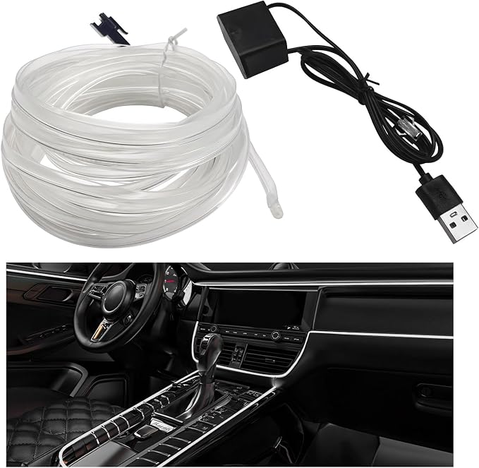 EL Wire Interior Car LED Strip Lights, 16.5FT 5V EL Wire Strip Neon Glowing Strobing Light w/ 5mm Sewing Edge, USB Electroluminescent Ambient Lighting Kit for Car Inside Decoration (White) by Pxobiug