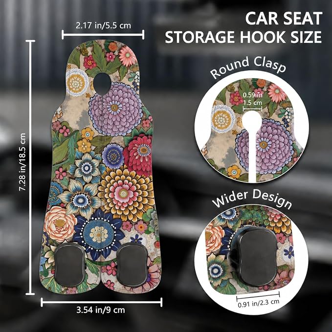 Cute Boho Floral Car Seat Back Storage Headrest Hooks for Purses & Bags – 2PCS PU Leather Dual Metal Hooks, Backseat Organizer Accessories - Image 2