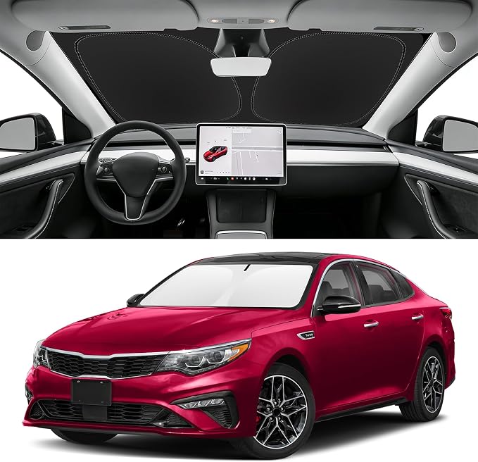 Custom Fit Windshield Sun Shade for Kia Optima 2016-2020 | Blocks UV Rays and Sun Heat, Helps Reduce Interior Temperature, Protects Dashboard from Fading, Folds Easily for Storage by SLOGENTO