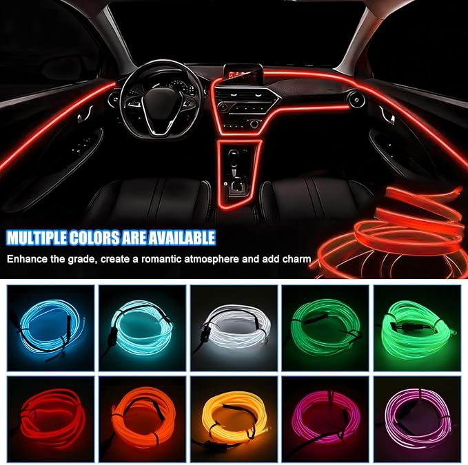 EL Wire Car LED Strip Lights, 16.5FT 5V USB Vehicle Ambient Lighting Kit with Fuse Protection, Automotive Interior Neon Decoration Lamp with 5mm Sewing Edge, Universal Fit (Red) - Image 3