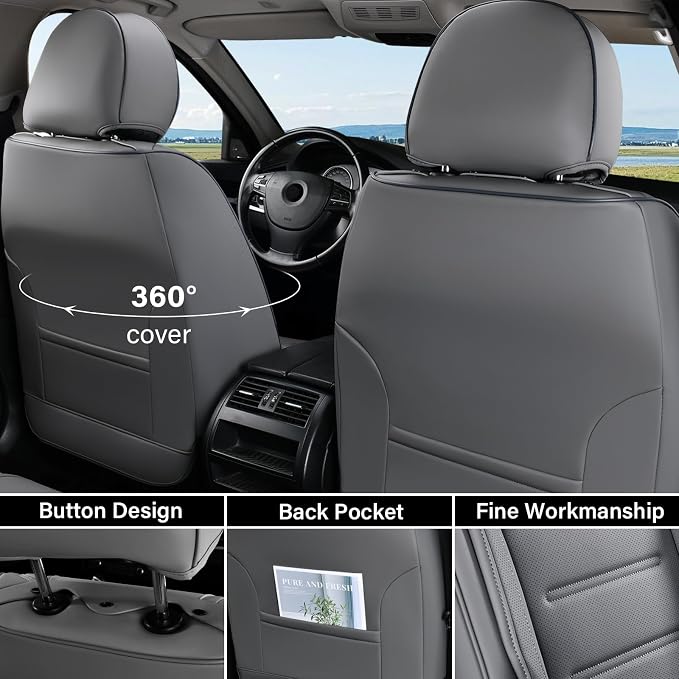 Coverado Car Seat Covers Full Set, Seat Covers for Cars, Car Seat Cover, Car Seat Protector Waterproof, Leather Car Seat Cushion, Universal Car Interior Covers Seat Protectors for Most Cars Gray - Image 3