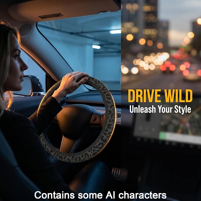 Black Leopard Print Steering Wheel Cover14-15In + 2 Pieces Car Coasters | Anti-Slip Breathable Cheetah Animal Print Car Wheel Cover Accessories for Women,Universal - Image 2