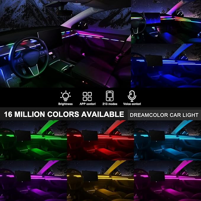 Dreamcolor Acrylic Interior Car LED Strip Light with Wireless APP, RGB 18 in 1 with 175 inches 593 LEDs Fiber Optic Ambient Lighting Kits, 16 Million Colors Sound Active Function Car Neon Lights - Image 2