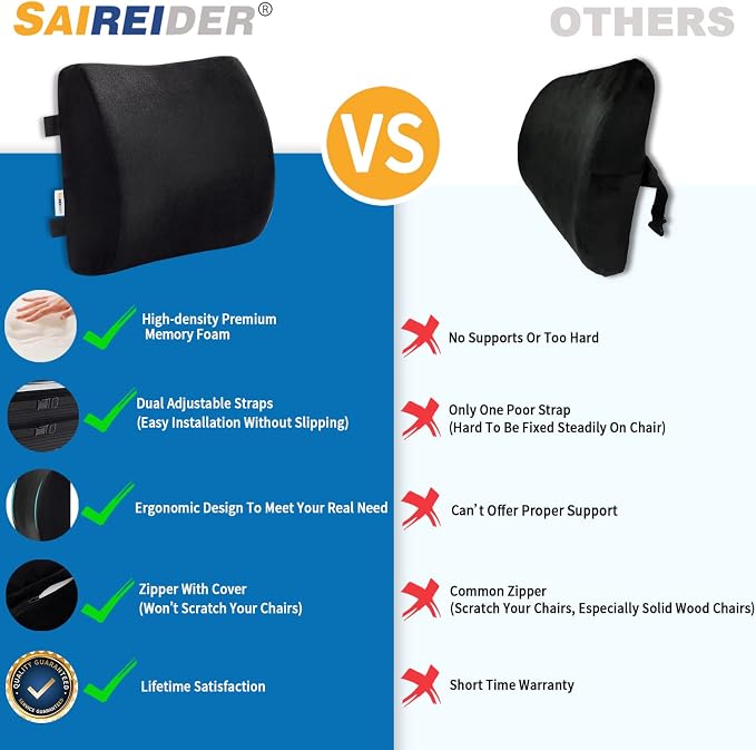 SAIREIDER Comfortable Lumbar Support Pillow for Office Chair, Memory Foam Back Support Pillows for Car、Gaming Chair、 Home Chair, Back Pain Relief Improve Posture, Double Adjustable Straps(Black) - Image 5