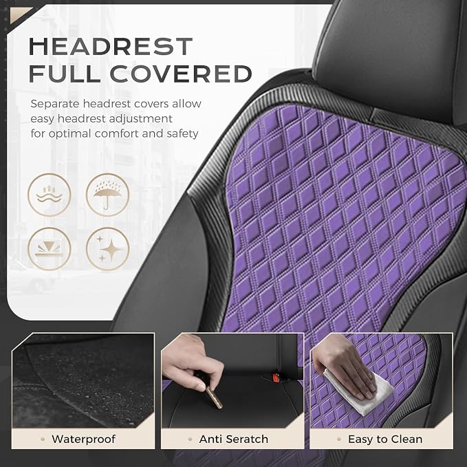Coverado Car Seat Cover 5 Seats, Leather Seat Covers Full Set, Durable Waterproof Car Seat Protectors, Black and Purple Seat Cover, Spill-Proof Automotive Seat Covers Universal Fit for Most Cars - Image 3
