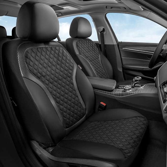 Coverado Front Seat Covers, 2-Pack Luxury Diamond Leather Car Seat Cover with Carbon Fibre Weave, Spill-Proof Driver Car Seat Protectors, Waterproof Seat Covers Universal Fit for Most Cars, Black by COVERADOAUTO