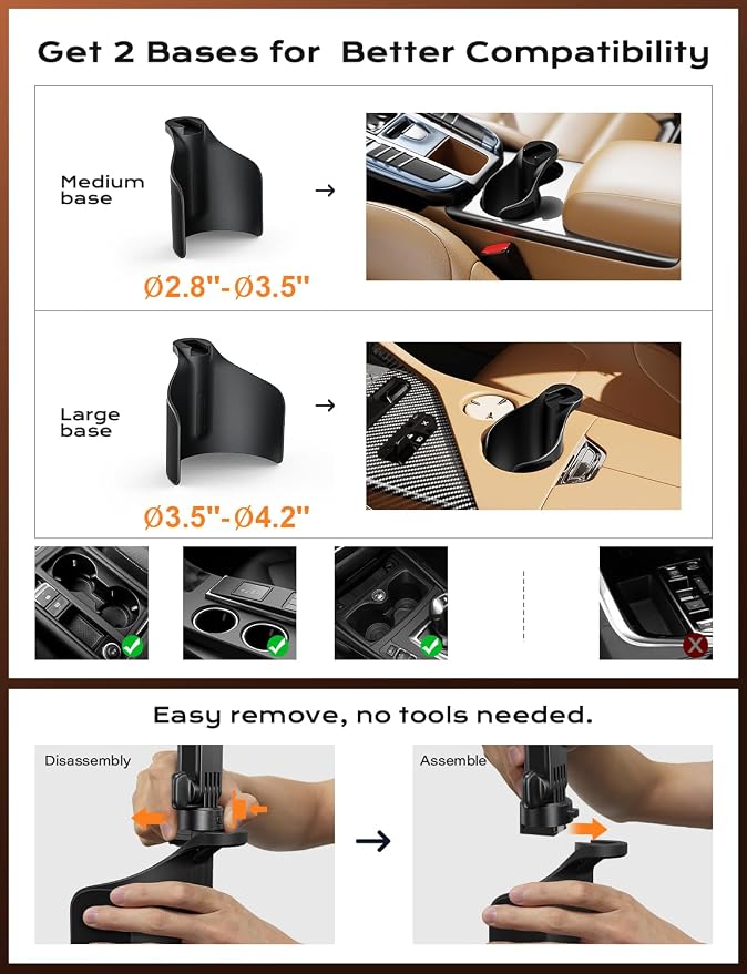TAZENI 2-in-1 Cup Phone Holder for Car, with 2 Sizes Hollow Bases | Holds Phone & Bottle Together, Height Adjustable, Hands-free Viewing, Universal Fit, Fit 4.7-7 inches iPhone, Phones Android - Image 6