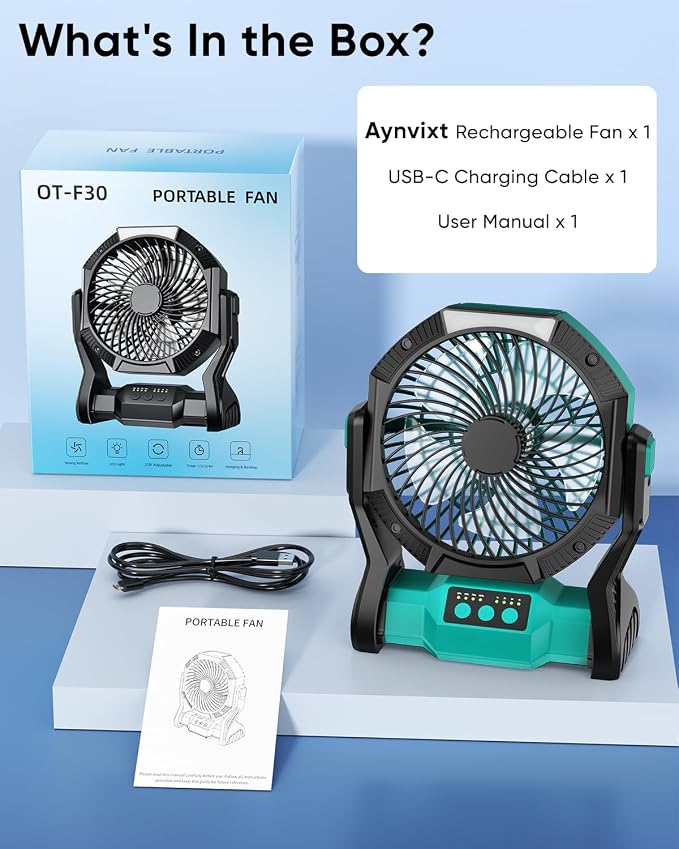 Portable Rechargeable Fan, 20000mAh Battery Powered Camping Fan with LED Light & Hook, 270° Adjustable, 4-Speed, 4H Timer Camping Essentials for Outdoor Tent Travel BBQ Car_Blue - Image 8