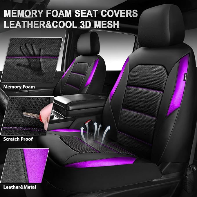 CAR PASS Memory Foam Car Seat Covers,Air Cool Mesh Thick Seat Covers Front Seats,Purple Metal Film Leather Seat Cover for Car,Universal Comfort for Most Car,Truck,Airbag Compatible,Black Purple - Image 2