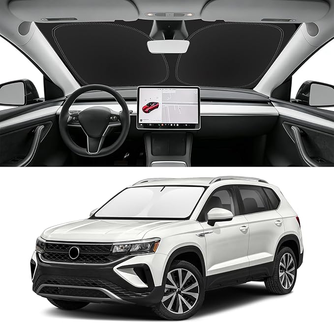 Custom Fit Windshield Sun Shade for VW Taos 2022-2026 | Blocks UV Rays and Sun Heat, Helps Reduce Interior Temperature, Protects Dashboard from Fading, Folds Easily for Storage by SLOGENTO