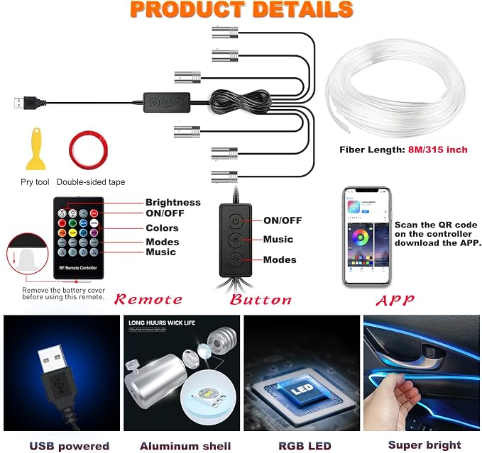 Jushope Car LED Lights, Interior Car Lights with Wireless APP/RF Remote/Button Control, Car Ambient Lighting Kit with 315" Integrated Molding Fiber Optic RGB Sync to Music (6 in 1-USB) - Image 4