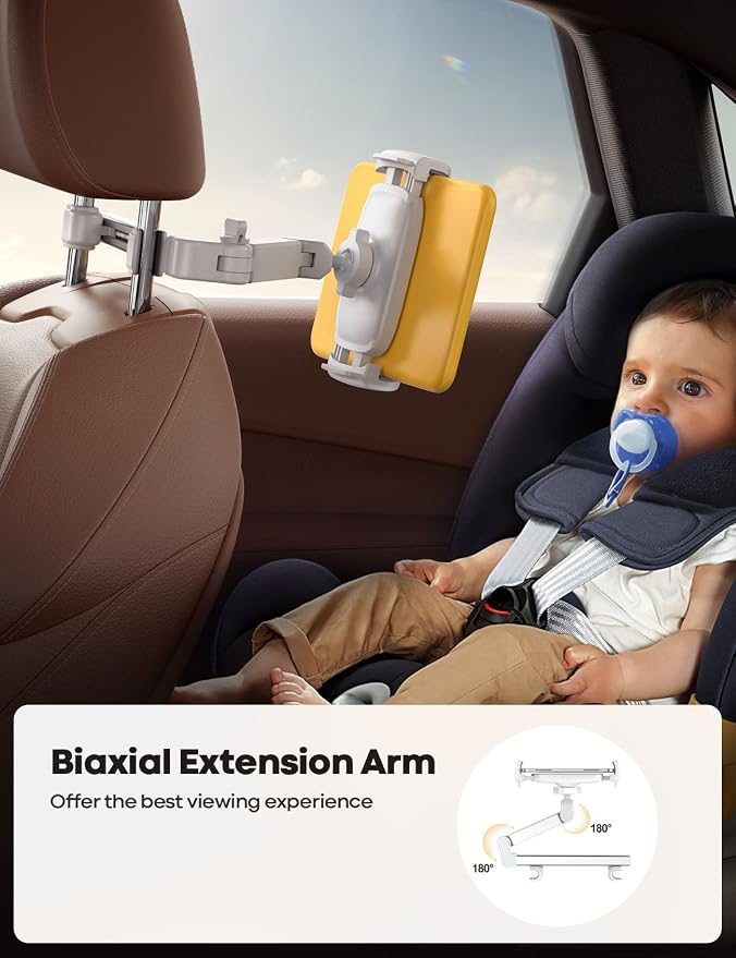 Lamicall Car Headrest Tablet Holder, 3 in 1 Extension Adjustable Arm | Tablet Car Mount for Back Seat, Road Trip Essentials for Kids, for 4.7-11" Devices, iPad Pro Air Mini, Galaxy, Fire HD, White - Image 2