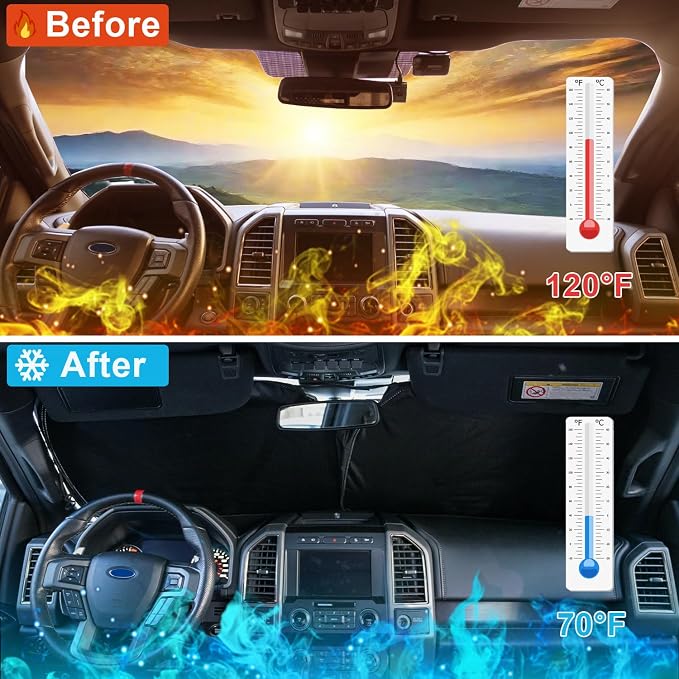 PIMCAR Windshield Sunshade for Ford F-150 2015-2020 | Premium 310T Reflective Polyester UV & Heat Blocker | Reduces Interior Temperature, Foldable with Storage Pouch - Image 2
