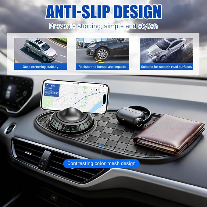 Multifunctional Car Anti-Slip Mat, Rotatable Car Anti Slip Mat Phone Holder | Universal Dashboard Pad with Temporary Parking Number, Dashboard Accessories for Sunglass Chapstick (Black White) - Image 5