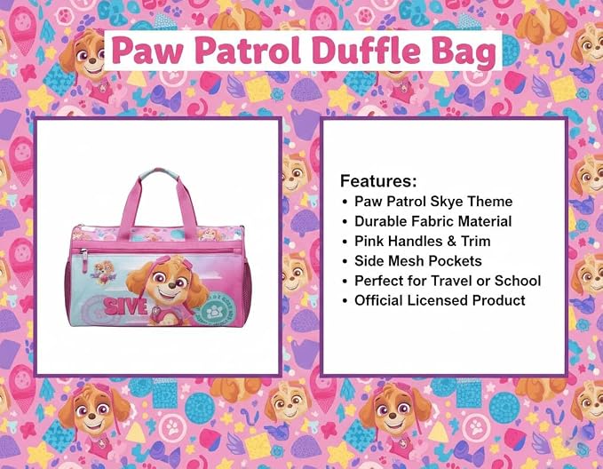 Paw Patrol Girls’ Duffle Bag – Skye Travel Gym Bag with Adjustable Shoulder Strap, Mesh Side Pockets & Zipper Pocket - Image 4
