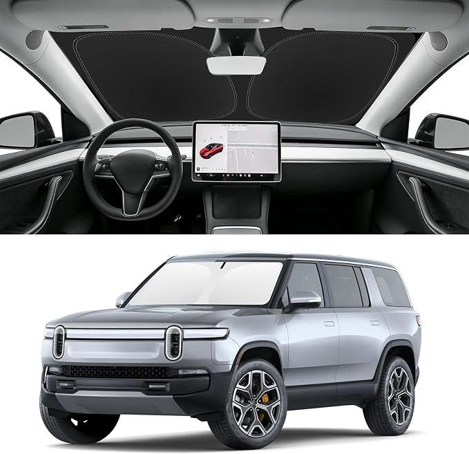 Custom Fit Windshield Sun Shade for Rivian R1S/R1T 2022-2025 | Blocks UV Rays and Sun Heat, Helps Reduce Interior Temperature, Protects Dashboard from Fading, Folds Easily for Storage by SLOGENTO