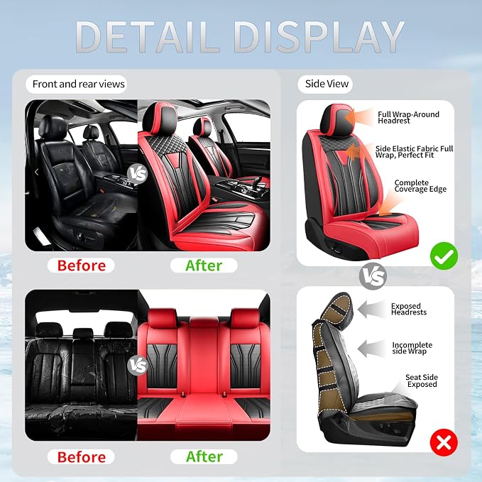 Fit Avalon Premium Leather Car Seat Covers for Toyota Avalon 2001-2021 2022 - Waterproof，Breathable，All-Weather Seat Cushion Protecto & Airbag Compatible, Full Set Red&Black - Image 6