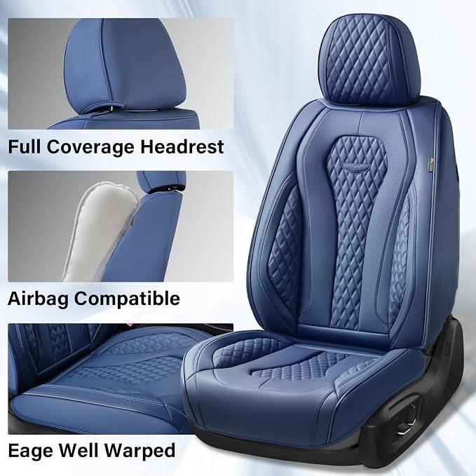 Coverado Seat Covers, Car Seat Covers Full Set, Blue Car Seat Cover, Car Seat Covers Front Seats Back Seat Cover, Waterproof Car Seat Cushion,Leather Seat Covers Seat Protector Universal Fit Most Cars - Image 4