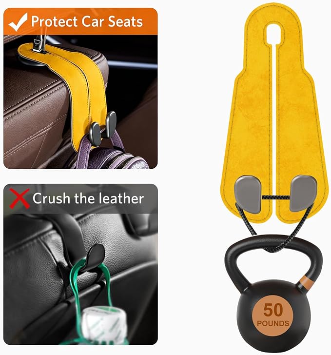 CoBak Purse Hook for Car - Universal Premium Stitched Leather and Aluminum-Magnesium Alloy Double Car Seat Back Storage Hook for Purses, Handbags, Bags (2 Pack),Bright Yellow - Image 5