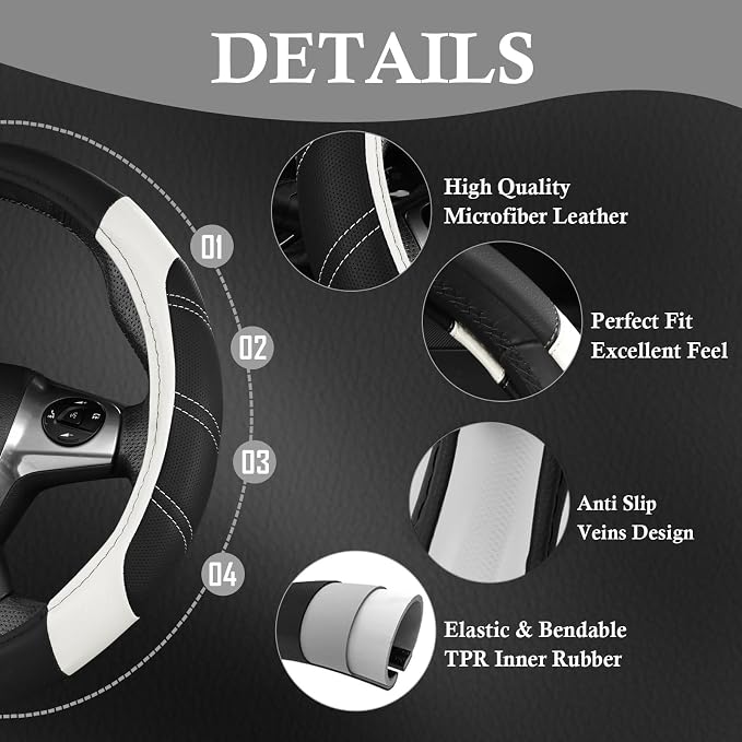 CAR PASS Leather Steering Wheel Cover and Waterproof Car Floor Mats, Microfiber Universal Car Combo Fit for 95% Sedan SUV Van,14.5-15 inch Sporty Anti-Slip Safety Comfortable Design, Black＆White - Image 4