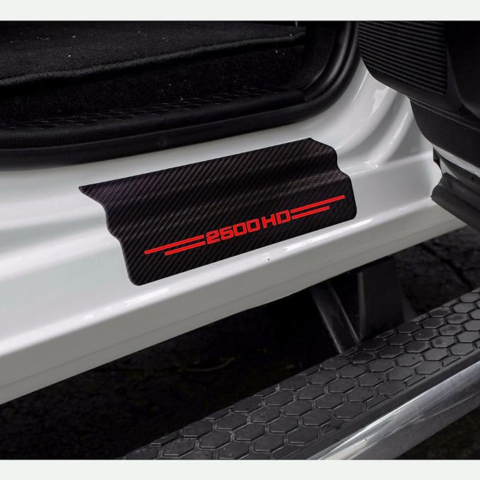 4 Pcs Carbon Fiber Car Door Sill Scuff Plate Auto Door Entry Guard Scratch Shield for GMC Sierra 2500HD Chevrolet Silverado 2500HD Auto Accessories (Red, 2500HD) - Image 3