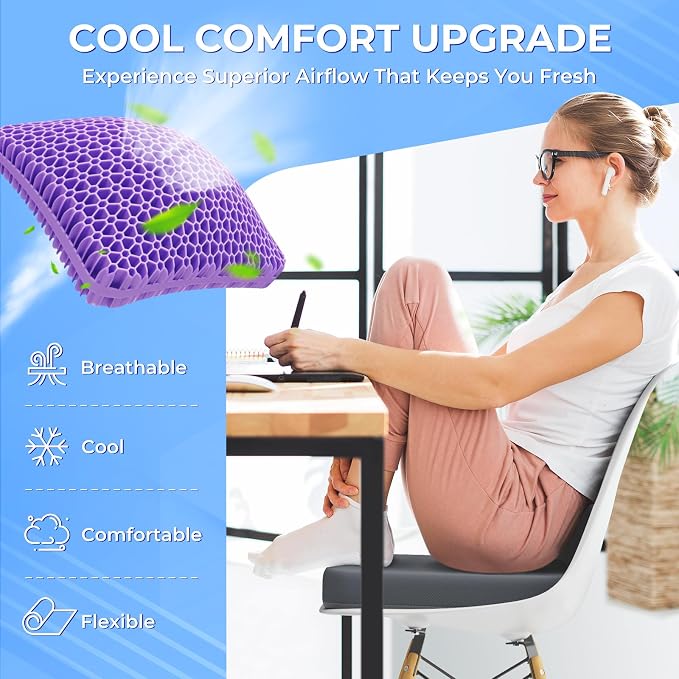 TushGuard Gel Seat Cushion for Long Sitting, Breathable Thick Patent Design | Enlarged Cooling Chair Pad for Office Chair, Wheelchair, Desk Chair, Supportive Car Cushion (2.2"Thinck, Grey+Violet) - Image 6