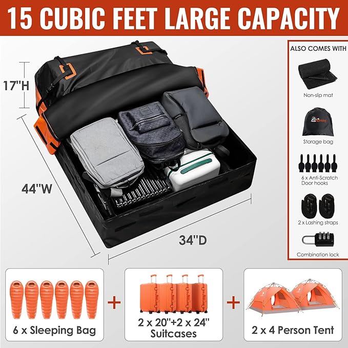 Car Rooftop Cargo Carrier Bag, 15 Cubic Feet Waterproof Heavy Duty 840D Car Roof Bag for All Vehicle with/Without Racks - Anti-Slip Mat, 6 Door Hooks, Storage Bag, 2 Extra Straps, Luggage Lock - Image 4