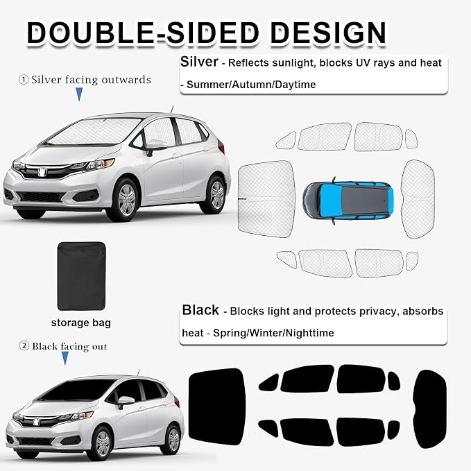 KMF 10pcs Thicken Sun Shades for Honda Fit 2015-2020 Accessories, Windshield Sunshade Full Car Window Covers for Side Rear, UV Block and Protecting Privacy Blackout for Camping - Image 4