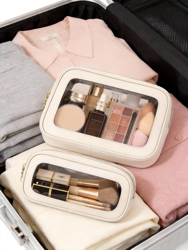 2Pcs Clear Makeup Bags Set, Clear Travel Makeup Brush Holder Leather Makeup Case Toiletry Bag with Zipper Portable Cosmetic Pouch Waterproof Makeup Brush Storage Bag Car Bag for Essentials - Image 7
