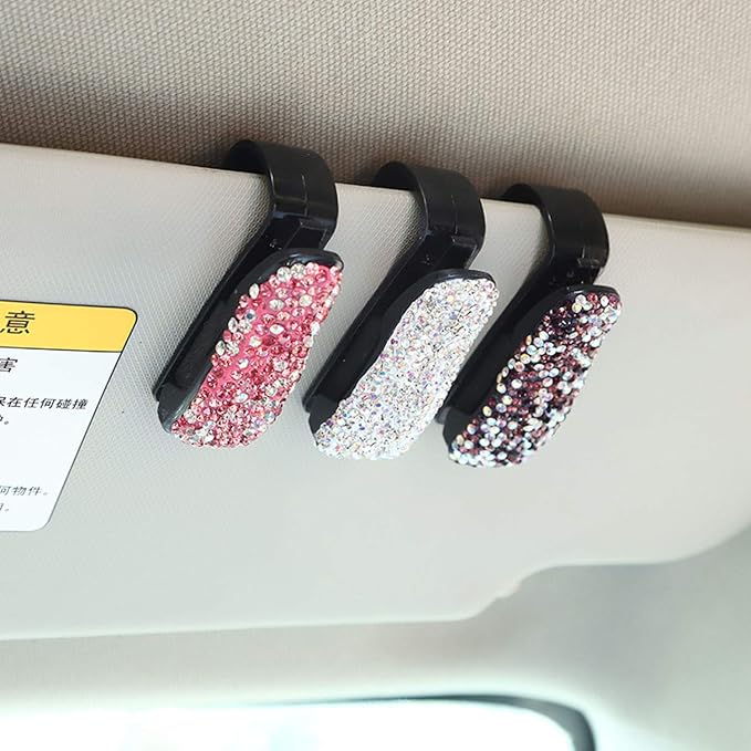 Glasses Holders for Car Sun Visor, 2 Pack Bling Crystal Rhinestones Fashion Car Eyeglasses Sunglasses Hanger Mount with Ticket Card Clip for Women Girls (Pink) - Image 6