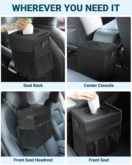 Capolo Car Trash Can with Lid, Leakproof Car Garbage Can Car Trash Bag | Waterproof, Trash Can for Car, 3 Mesh Pockets, Mini Hanging Vehicle Car Trash Bin, for Back/Front Seat (Black,3 Gal) - Image 6