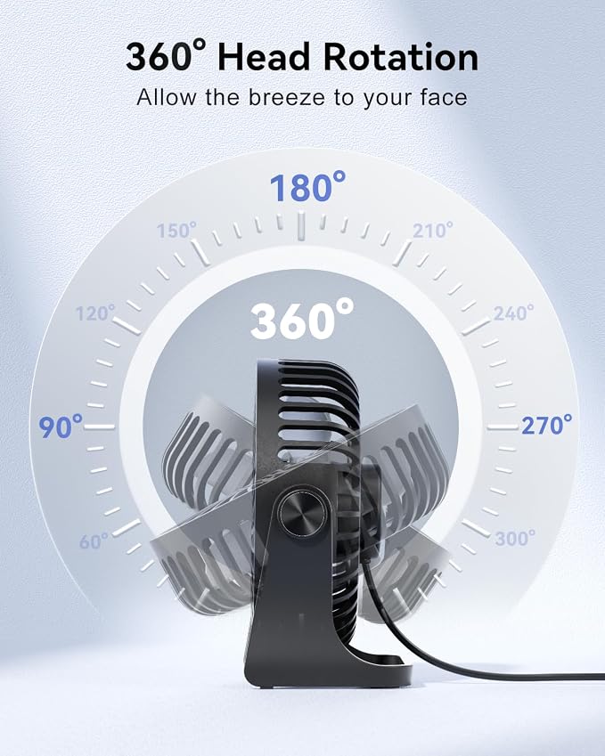 Edvision USB Desk Fan, 5 Inch Small Portable, 3 Speeds Powerful Wind Mini Personal Desktop Fan 360° Rotation Adjustable, Plug In USB Fan Quiet for Table Home Office Travel Car(Black) - Image 3