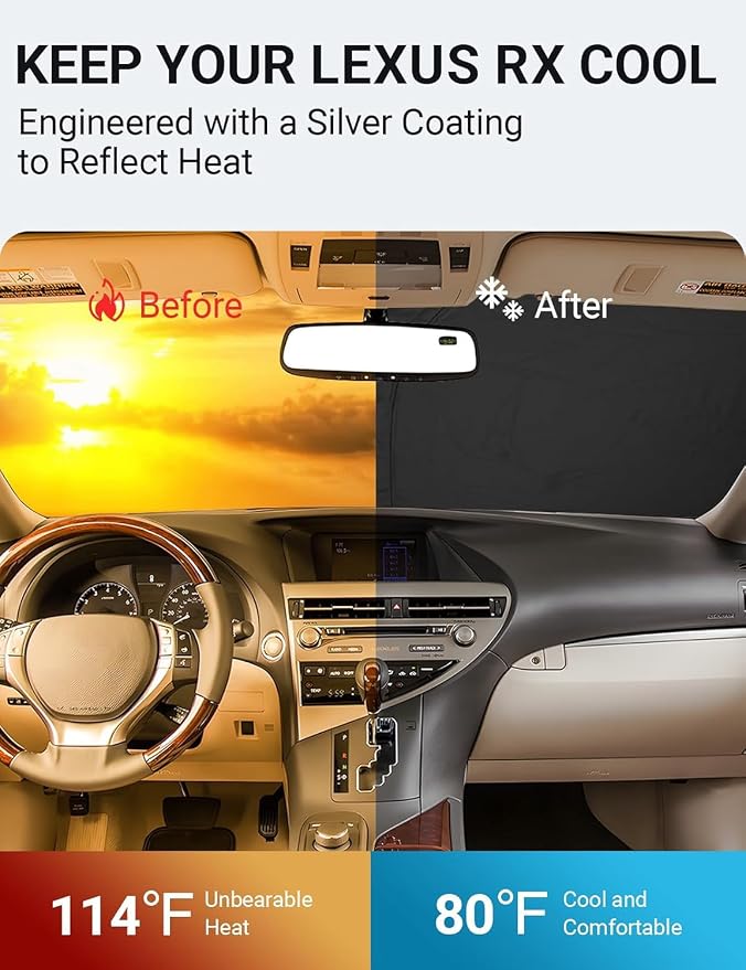 Proadsy Custom Fit 2010-2015 Lexus RX Windshield Sun Shade, Blocks Heat | 240T Heat Shield, Drops Temp 54°F, Blocks 99% UV, Prevents Dashboard Cracking, Summer Parking & Beach Trips, Easy Twist-Fold - Image 3