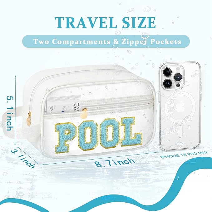 COSHAYSOO Clear POOL Makeup Bag Small Travel Pouch for Women Teenager Girls Pool Accessories Stuff Organizer Preppy Chenille Letter Patch Summer Girly Things - Image 2