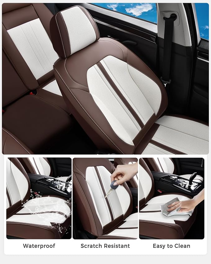 Huidasource Coffe White Front Seat Covers Luxury Faux Leather Front Car Seat Cover, Compatible with Airbags, Seatbelt Buckles, Perforation, Cooling＆Heating Universal Fit for Most Cars Vans Trucks SUVs - Image 6