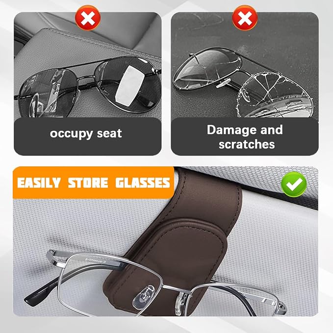 Sunglasses Holder for Car Visor, Microfiber Leather Magnetic Sun Visor Eyeglasses Hanger & Ticket Card Clip, Multi-Function Automotive Interior Glasses Mount, Universal Fit (Brown) - Image 5