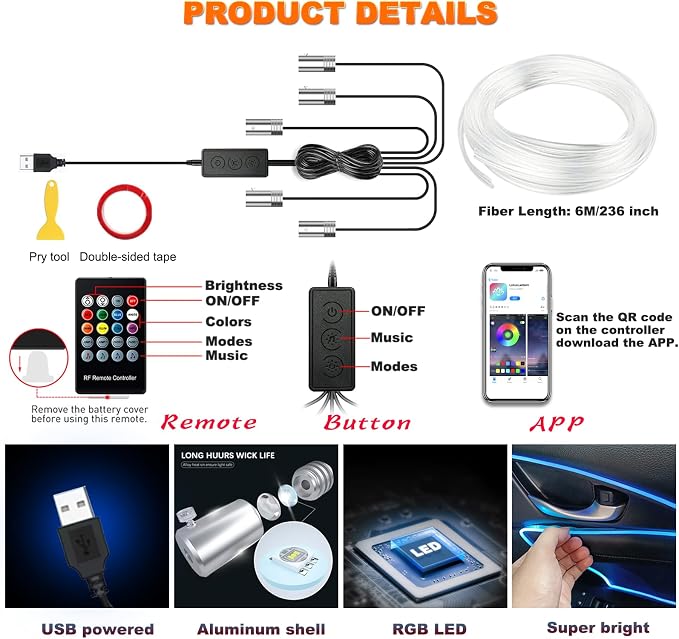 Jushope Car LED Lights, Interior Car Lights with Wireless APP/RF Remote/Button Control, Car Ambient Lighting Kit with 236" Integrated Molding Fiber Optic RGB Sync to Music (USB) - Image 4