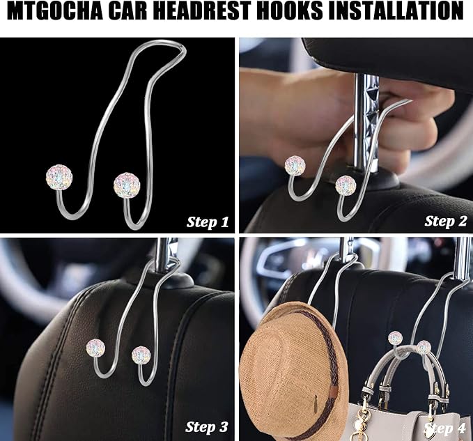 Bling Purse Hook for Car Headrest, Cute Car Seat Hooks (2Pack) | Upgraded,Durable Stainless,Car Purse Hanger,Purse holder,Rhinestones,Bag Hooks,Car Hooks for Purses and Bags Cute,Colorful - Image 3