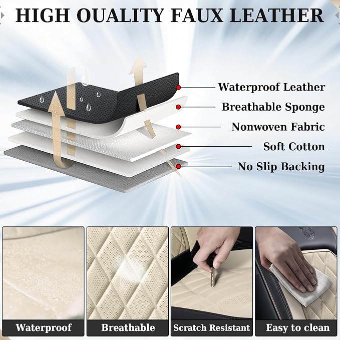 Coverado Car Seat Covers Full Set, Luxury Faux Leather Waterproof Seat Cover, Black and White Car Seat Covers, Car Seat Protector, Automotive Seat Covers Universal Fit for Most Cars, Black&White - Image 8