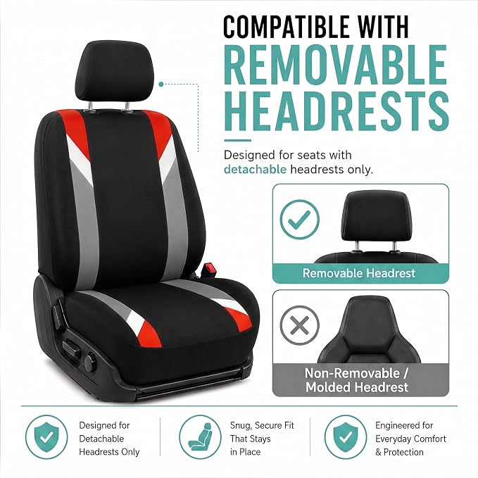 FH Group Front Set Cloth Car Seat Covers for Low Back Car Seats with Removable Headrest, Universal Fit, Airbag Compatible, Seat Cover for SUV, Sedan, Van, Red - Image 2