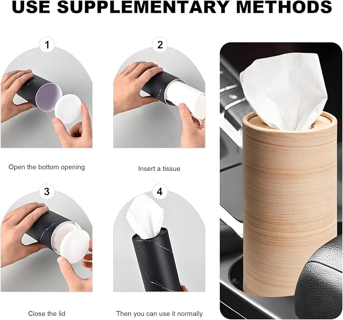 4 PCS Car Tissue Holder, Refillable Round Napkins Containers with Papers Inside, Convenient Travel Tissue Tubes Facial Paper Towel Cylinders for Vehicle Cup Holders (Wood Grain) - Image 5