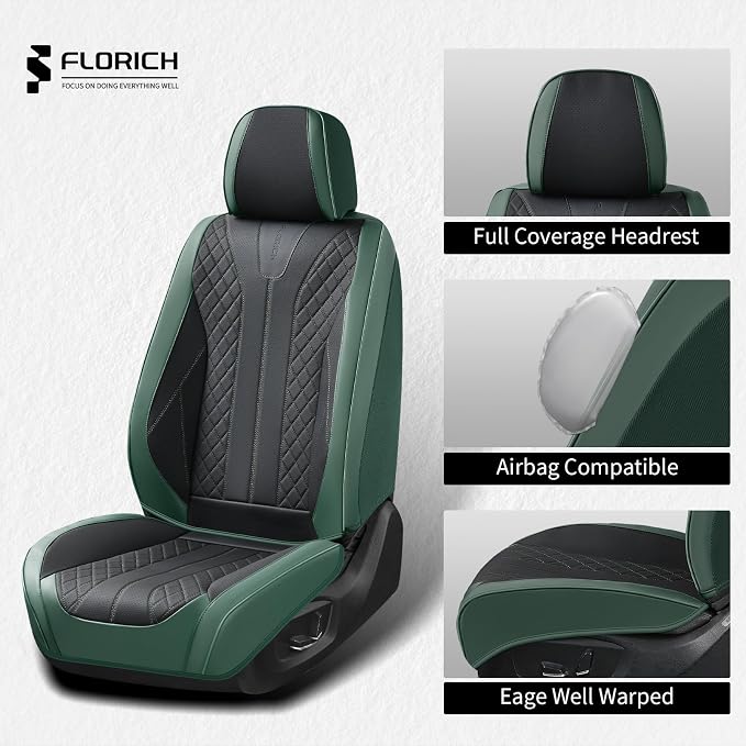 FLORICH Leather Seat Covers Full Set Automotive Car Seat Cover Front and Back Waterproof Auto Seat Covers Full Coverage Car Seat Protector Cushion Universal Fit for Most Cars SUV Trucks, Black&Green - Image 5