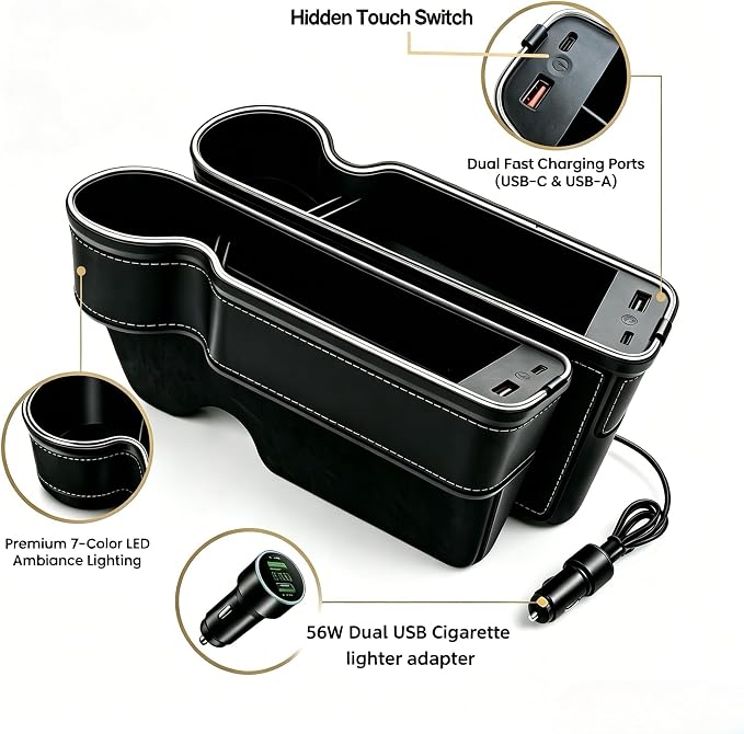 7 Colors LED Car Seat Gap Organizer with 56W Fast Charger 2 Pieces | Center Console Gap Filler with USB Type C Charging,Car Seat Organizer Cup Holder,Auto Interior Accessories with Ambient Light - Image 3