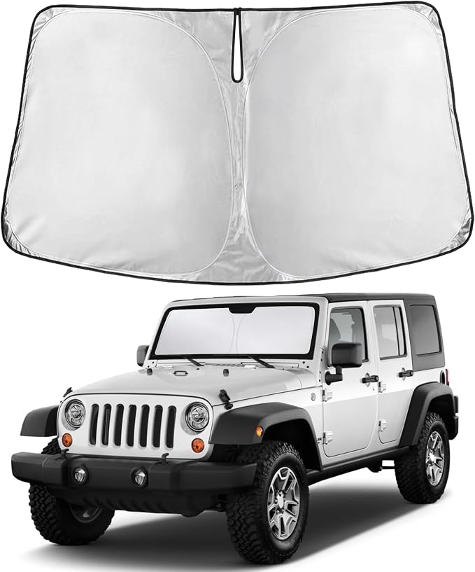 EcoNour Windshield Sunshade for Jeep Wrangler Rubicon Sahara 1997-2016 2017 | TJ JK JKU2 4DOOR Sun Visor for Front Windshield & Window Sun Shade Cover, UV Heat Blocker, Car Accessories by EcoNour