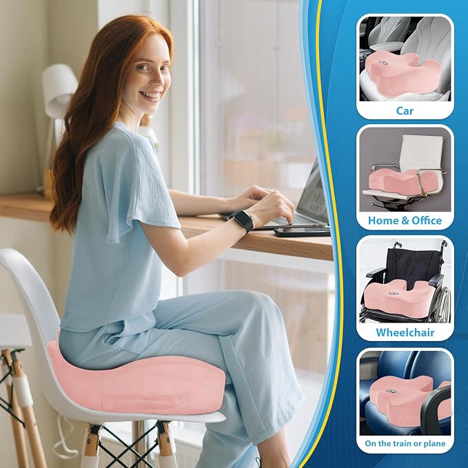 BlissTrends Memory Foam Seat Cushion for Office Chair & Car Seat, Pink | Ergonomic Tailbone & Sciatica Support with Removable Velvet Cover for Pressure Relief and Long Sitting Comfort, 3.3" Thick - Image 7